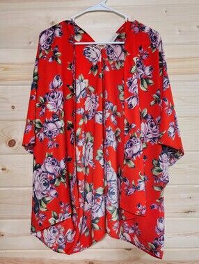 Miley and Molly Women's Floral Open-Front Kimono Red One Size Flowy Cottagecore